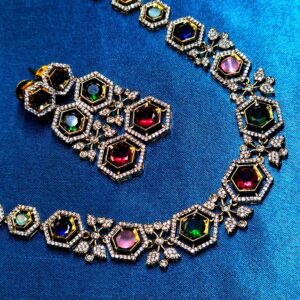 Hexagonal gems jewellery set with matching necklace and earrings