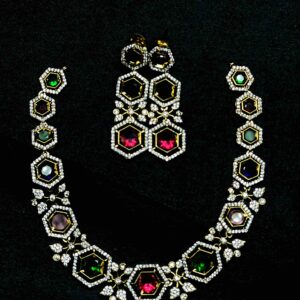 Hexagonal gems jewellery set featuring a modern geometric design with colorful stones