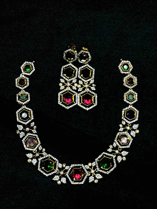 Hexagonal gems jewellery set featuring a modern geometric design with colorful stones