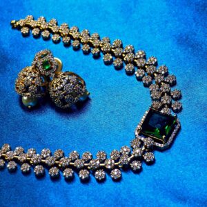 Rectangle-shaped green gemstone jewelry set with necklace and earrings