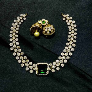 Rectangle-shaped green gemstone jewellery set with earrings and necklace