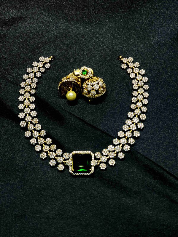 Rectangle-shaped green gemstone jewellery set with earrings and necklace