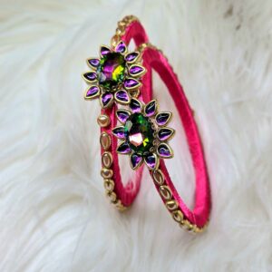 Green stone worked pink Bracelet Bangles