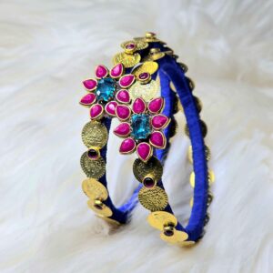 Pink stone & coin worked blue Bracelet Bangles